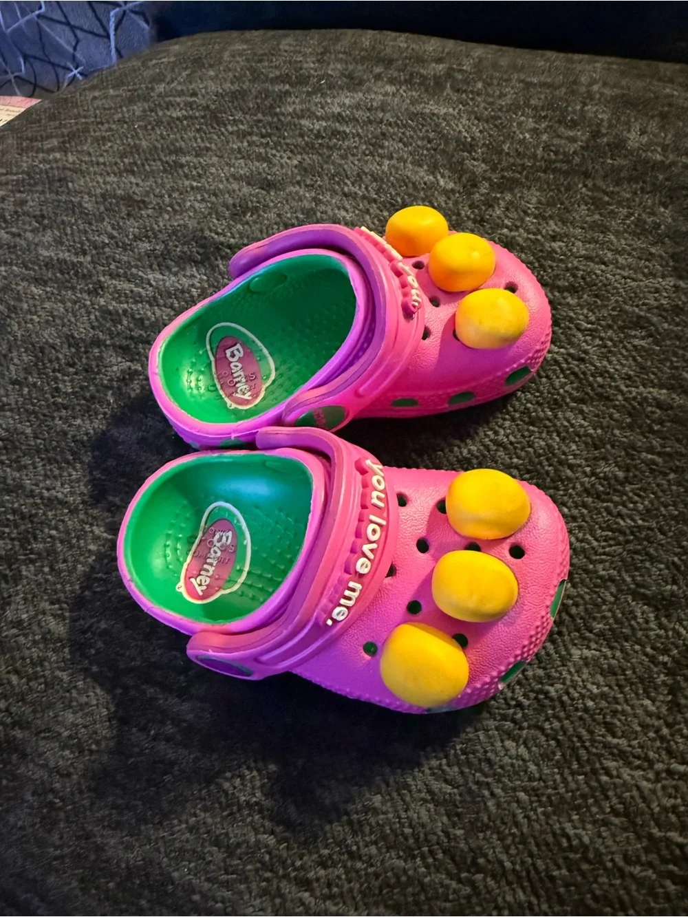 Barney Crocs Kids Size C4 Pink Purple Green Dinosaur Clogs